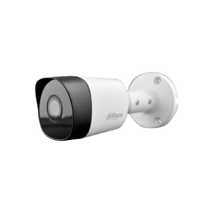 Cámara Bala Dahua DH-HAC-B2A21N-A-0280B para vigilancia en interiores y exteriores. Ofrece resolución de 1080p, lente de 2.8 mm, visión nocturna por infrarrojos, carcasa IP67, micrófono incorporado y tecnología 4 en 1.