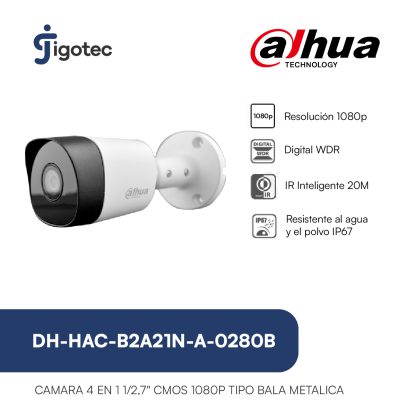 Cámara Bala Dahua DH-HAC-B2A21N-A-0280B para vigilancia en interiores y exteriores. Ofrece resolución de 1080p, lente de 2.8 mm, visión nocturna por infrarrojos, carcasa IP67, micrófono incorporado y tecnología 4 en 1.