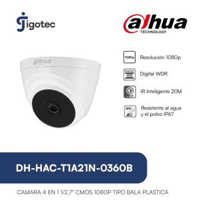 Cámara domo torreta analógica 4 en 1 Dahua DH-HAC-T1A21N-0360B para vigilancia discreta y económica. Soporta CVBS, HD-CVI, AHD y TVI, captura imágenes de 1080p, tecnología DWDR, visión nocturna por infrarrojos y diseño compacto.