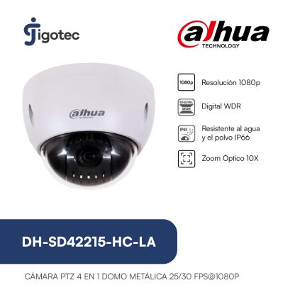 Cámara PTZ Domo Metálica Dahua DH-SD42215-HC-LA | 1080p Full Color | Zoom Óptico 15x | Pan/Tilt | Visión Nocturna IR 80m | WDR | Starlight | IP66 | IK10 | Cámaras de Seguridad 4 en 1 | RS485 | Alarma