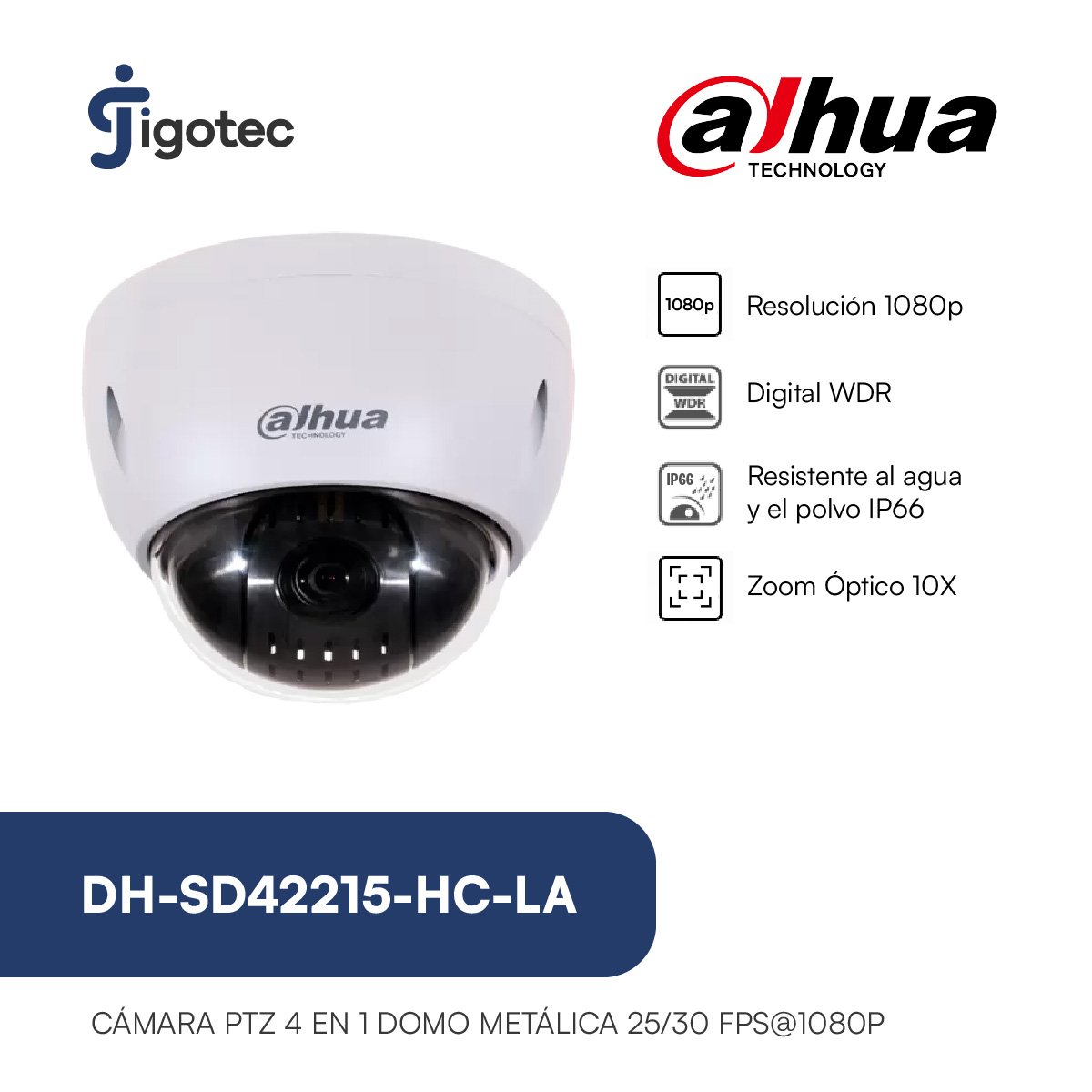 Cámara PTZ Domo Metálica Dahua DH-SD42215-HC-LA | 1080p Full Color | Zoom Óptico 15x | Pan/Tilt | Visión Nocturna IR 80m | WDR | Starlight | IP66 | IK10 | Cámaras de Seguridad 4 en 1 | RS485 | Alarma